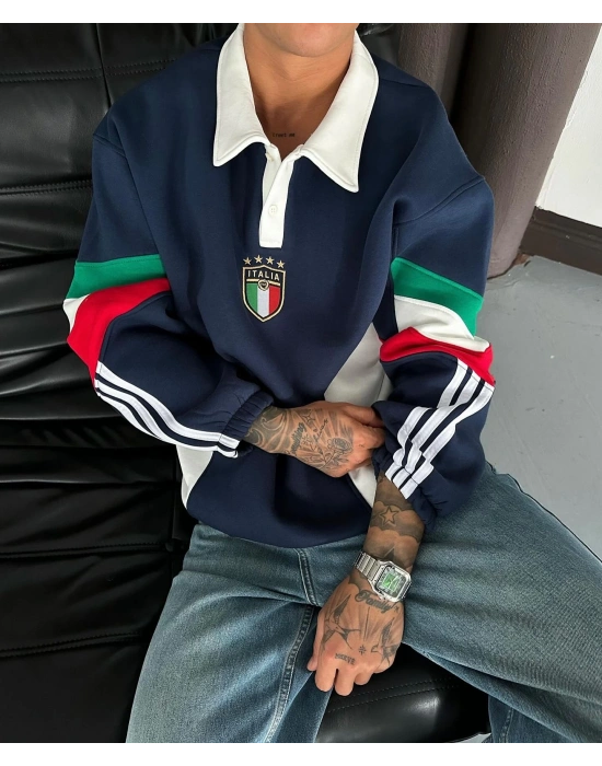İtaly Parçalı Unisex Şardonlu Sweatshirt Lacivert