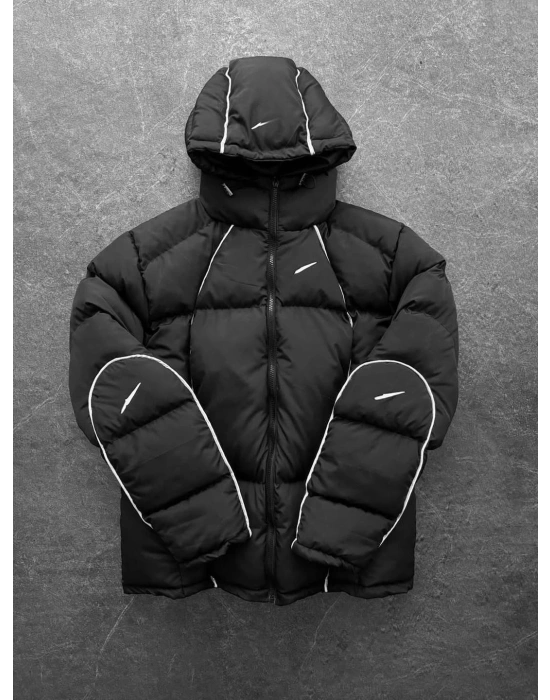 Kapüşonlu Marka Şişme Mont Siyah