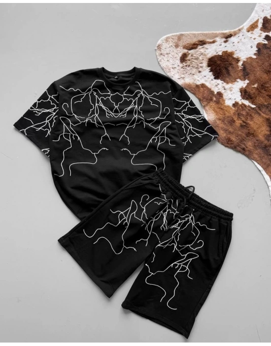 lightening unisex oversize şortlu takım - Siyah