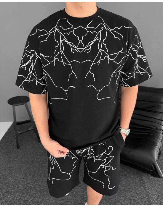 lightening unisex oversize şortlu takım - Siyah