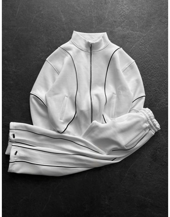 Orta Şerit Detay Unisex Eşofman Takımı Beyaz