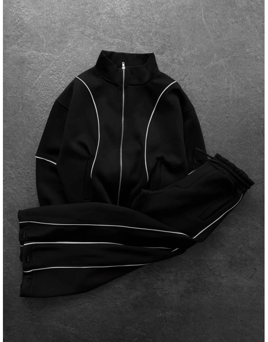 Orta Şerit Detay Unisex Eşofman Takımı Siyah