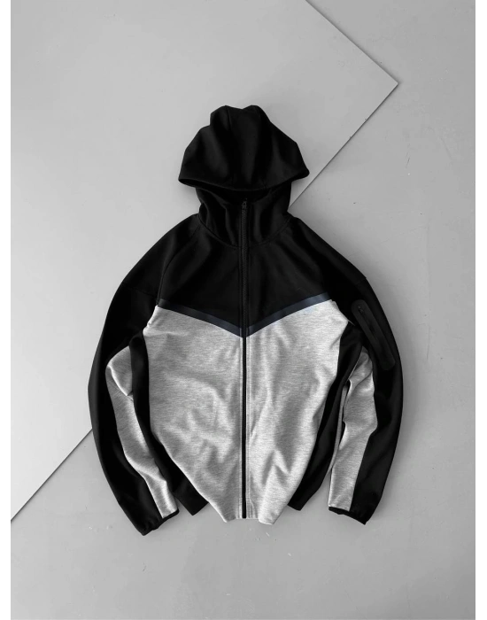 Oversize Kapüşonlu Hırka - Siyah/Gri