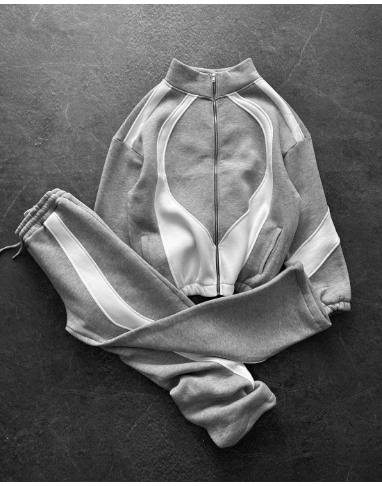 Parçalı Fermuarlı Şardonlu Unisex Eşofman Takım Gri