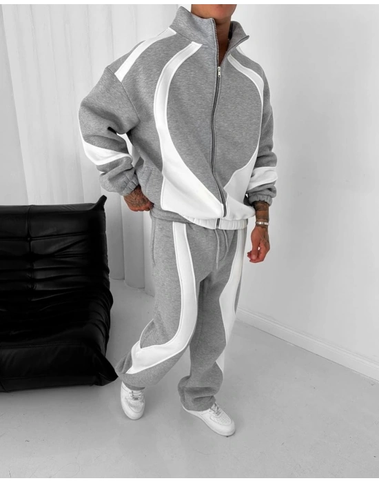 Parçalı Fermuarlı Şardonlu Unisex Eşofman Takım Gri