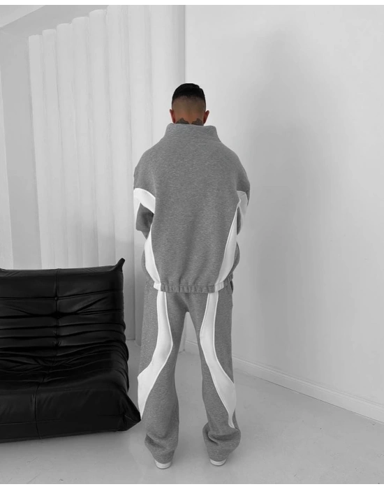 Parçalı Fermuarlı Şardonlu Unisex Eşofman Takım Gri
