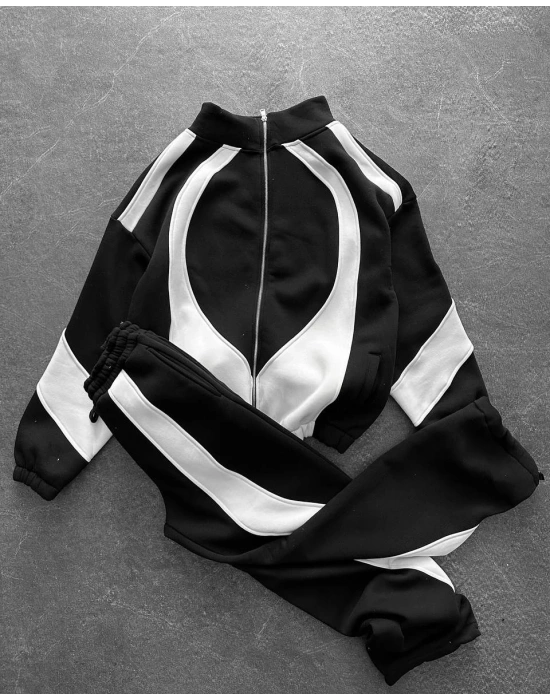 Parçalı Fermuarlı Şardonlu Unisex Eşofman Takım Siyah