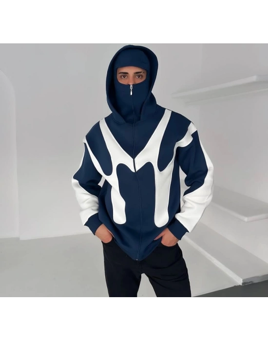 Parçalı Kar Maske Unisex Şardonlu Hırka Mavi