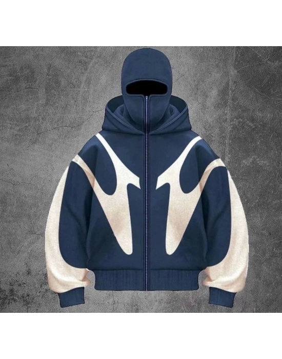 Parçalı Kar Maske Unisex Şardonlu Hırka Mavi