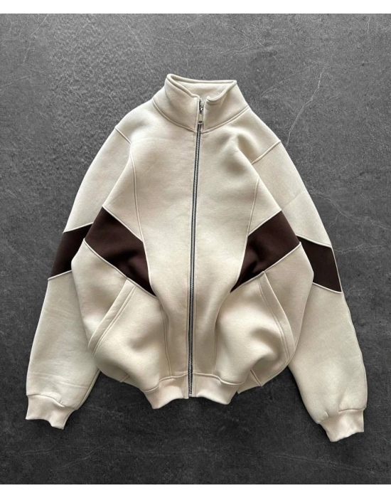 Parçalı Oversize Şardonlu Hırka Bej