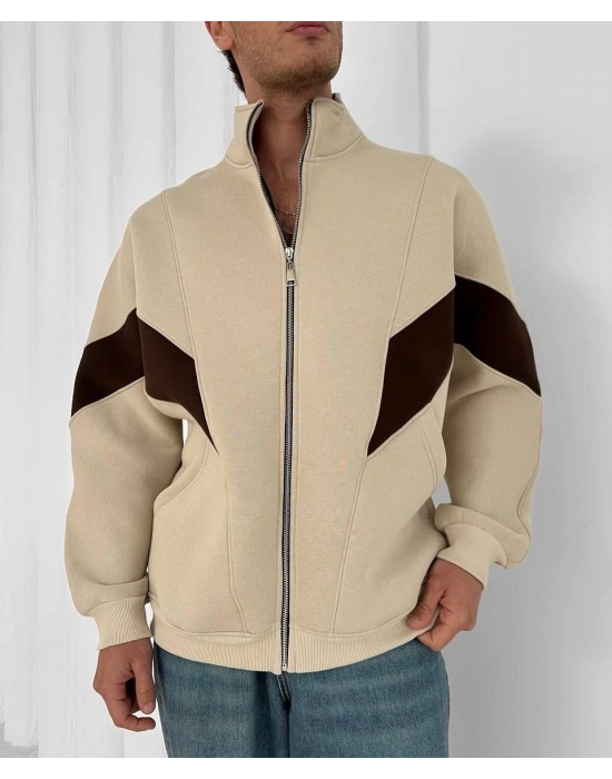 Parçalı Oversize Şardonlu Hırka Bej