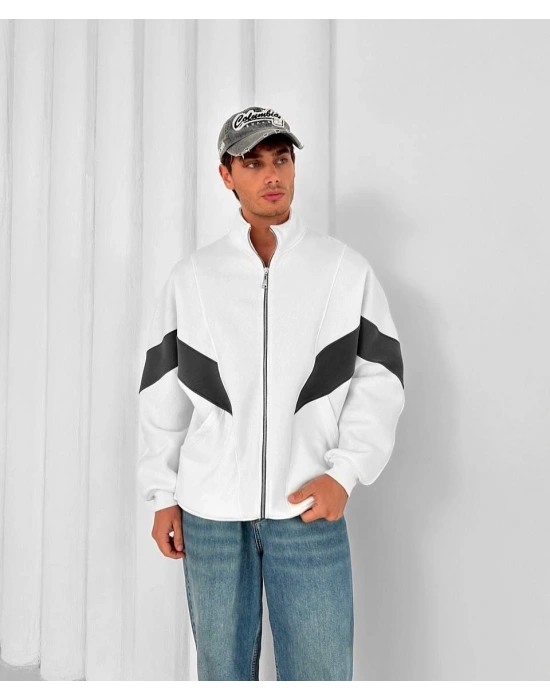 Parçalı Oversize Şardonlu Hırka Beyaz