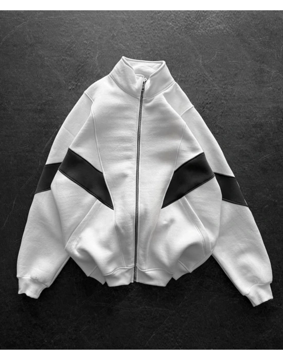 Parçalı Oversize Şardonlu Hırka Beyaz