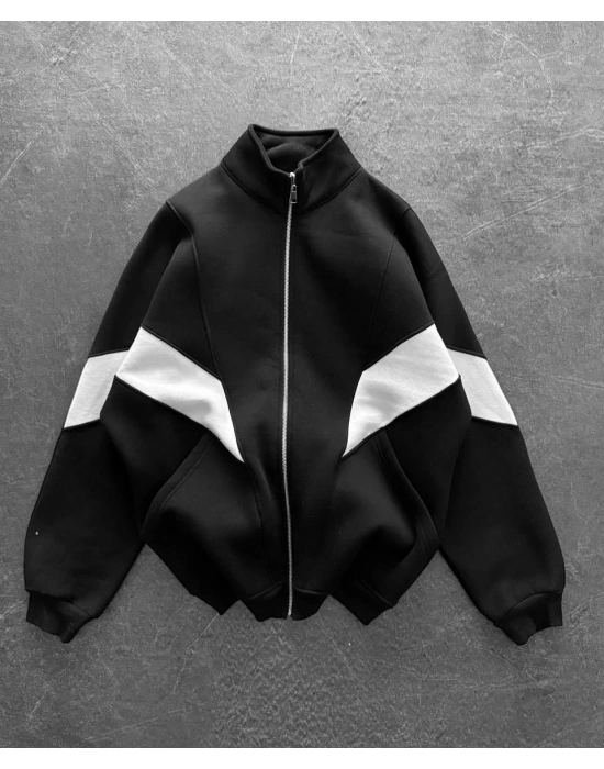 Parçalı Oversize Şardonlu Hırka Siyah