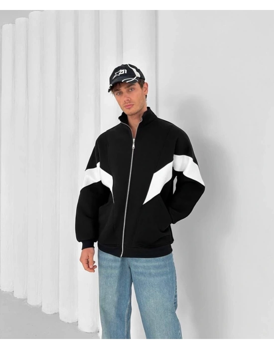 Parçalı Oversize Şardonlu Hırka Siyah