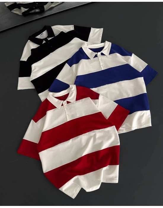 Parçalı Polo Yaka Unisex Oversize Tshirt - Kırmızı