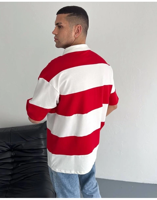 Parçalı Polo Yaka Unisex Oversize Tshirt - Kırmızı