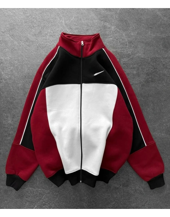 Parçalı Şardonlu Unisex Hırka - Kırmızı