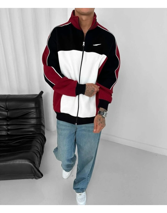 Parçalı Şardonlu Unisex Hırka - Kırmızı