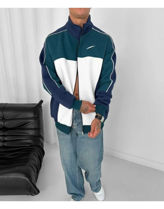 Parçalı Şardonlu Unisex Hırka - SuYeşili