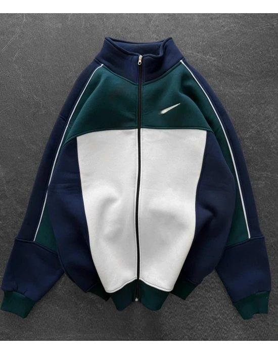 Parçalı Şardonlu Unisex Hırka - SuYeşili