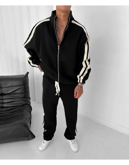 Şerit Detay Şardonlu Unisex Eşofman Takımı - Siyah