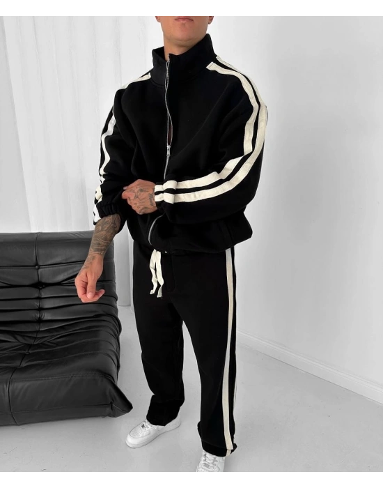 Şerit Detay Şardonlu Unisex Eşofman Takımı - Siyah