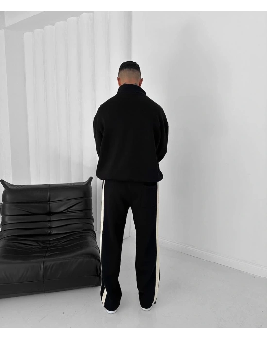 Şerit Detay Şardonlu Unisex Eşofman Takımı - Siyah