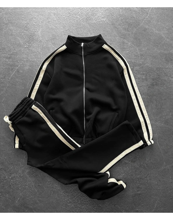 Şerit Detay Şardonlu Unisex Eşofman Takımı - Siyah