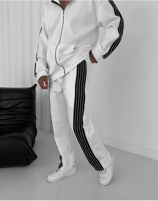 Şeritli Şardonlu Unisex Eşofman Takım - Beyaz