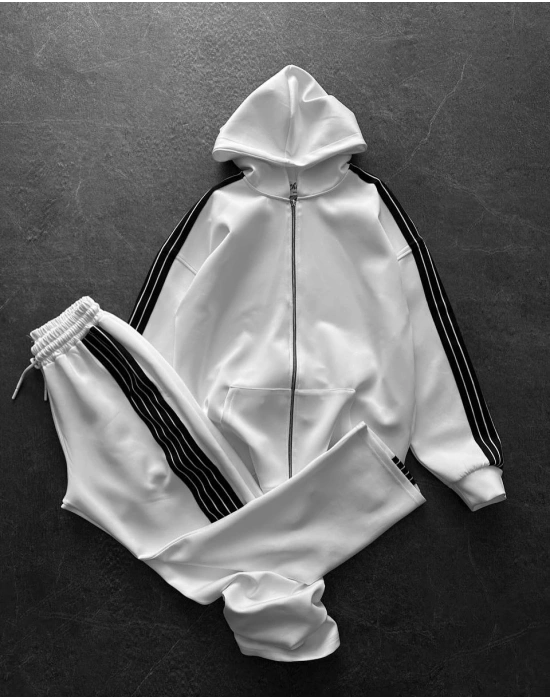Şeritli Şardonlu Unisex Eşofman Takım - Beyaz