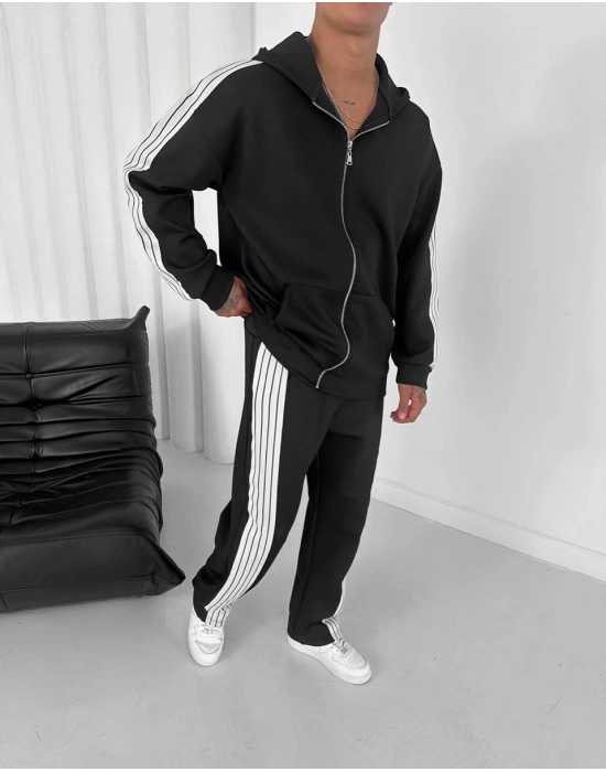 Şeritli Şardonlu Unisex Eşofman Takım - Siyah