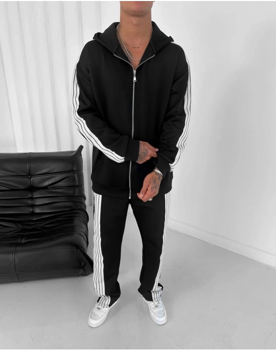Şeritli Şardonlu Unisex Eşofman Takım - Siyah