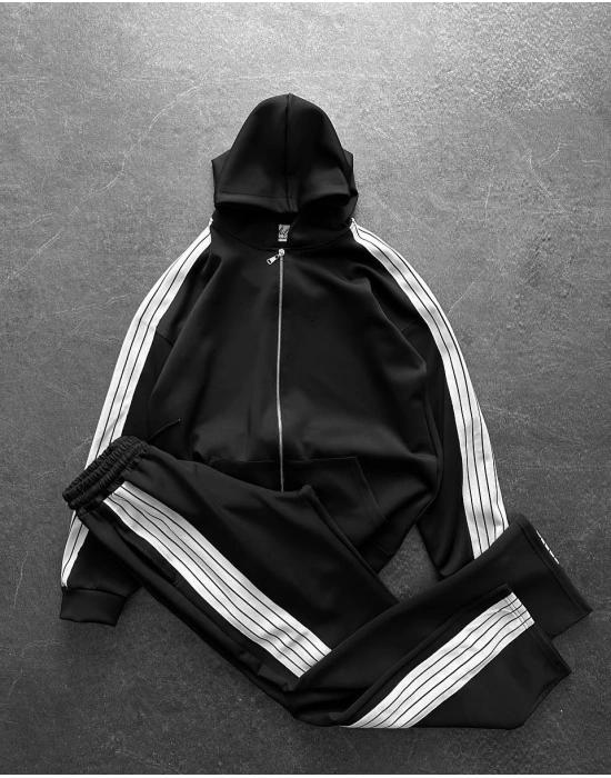 Şeritli Şardonlu Unisex Eşofman Takım - Siyah