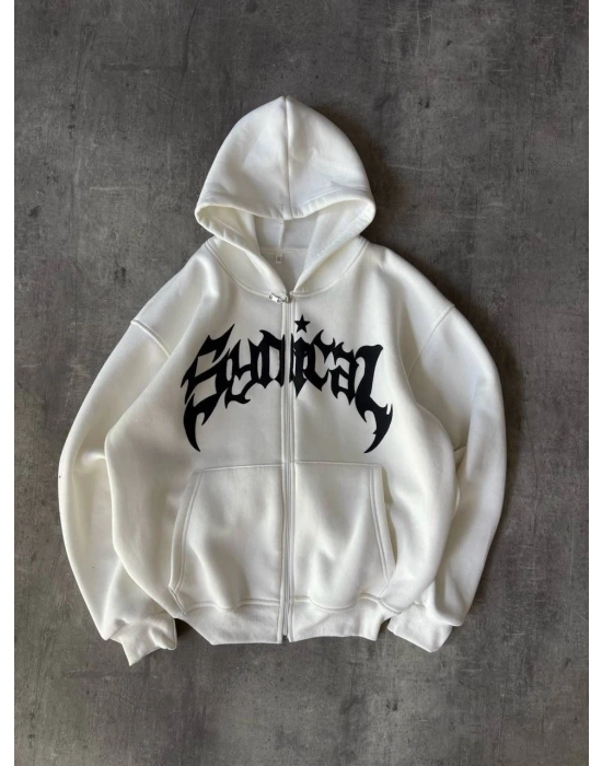 Taşlı Şardonlu Unisex Hırka Beyaz