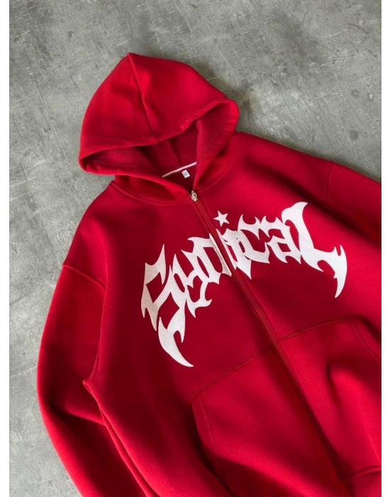 Taşlı Şardonlu Unisex Hırka Kırmızı