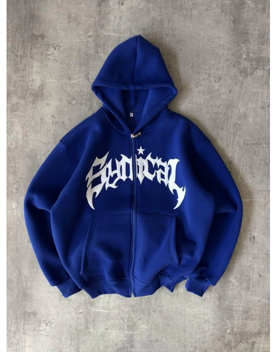 Taşlı Şardonlu Unisex Hırka Mavi