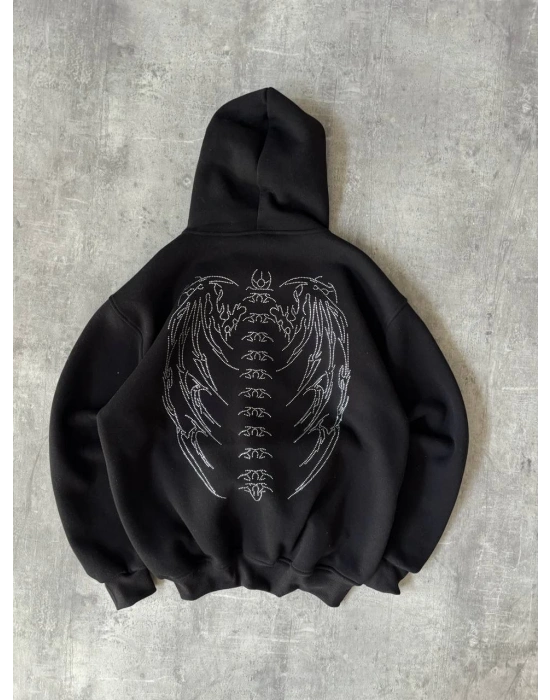 Taşlı Şardonlu Unisex Hırka Siyah