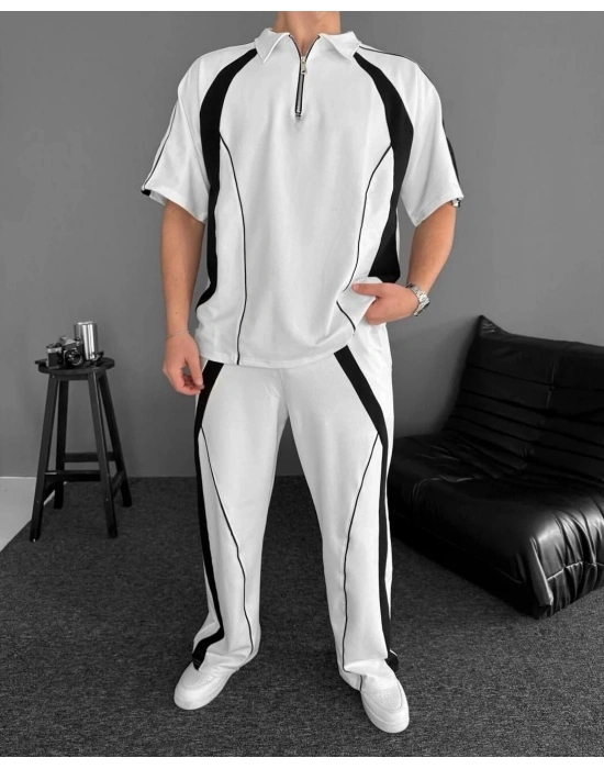 Tek Şerit Unisex Eşofman Takım - Beyaz