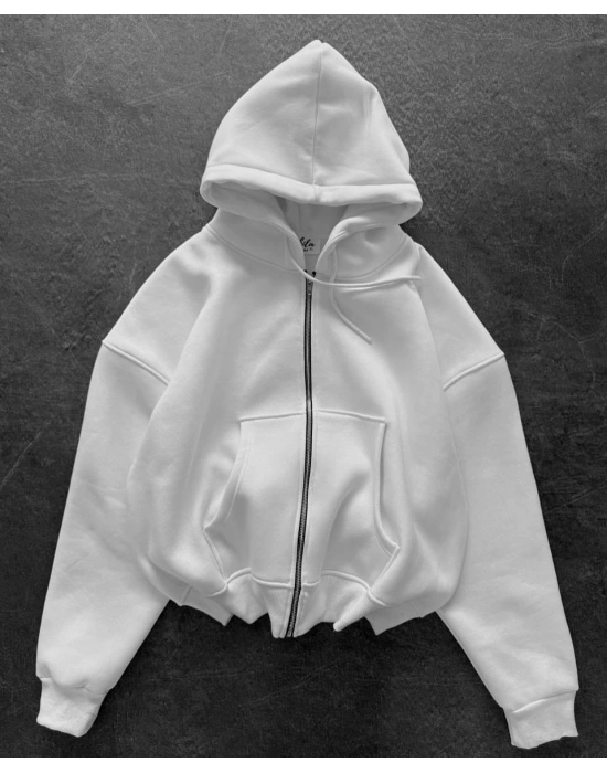Yarasa Kalıp Kapüşonlu Şardonlu Unisex Hırka Beyaz
