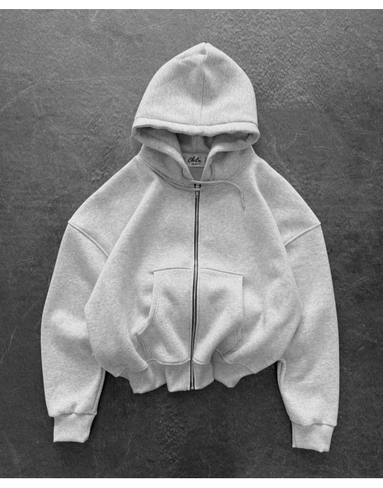 Yarasa Kalıp Kapüşonlu Şardonlu Unisex Hırka Gri