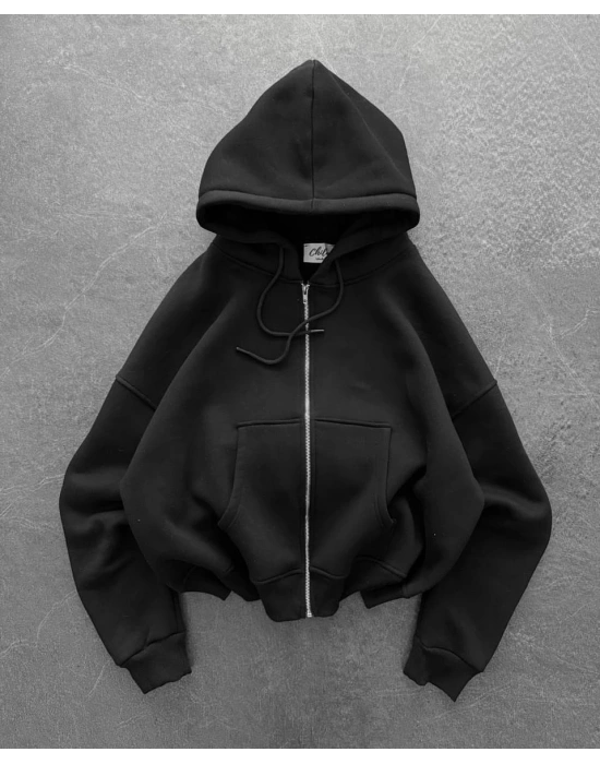 Yarasa Kalıp Kapüşonlu Şardonlu Unisex Hırka Siyah