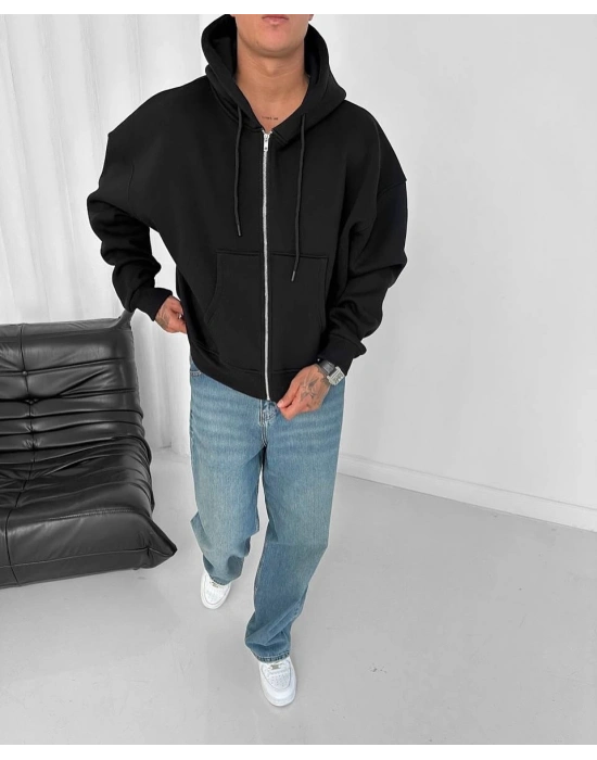 Yarasa Kalıp Kapüşonlu Şardonlu Unisex Hırka Siyah