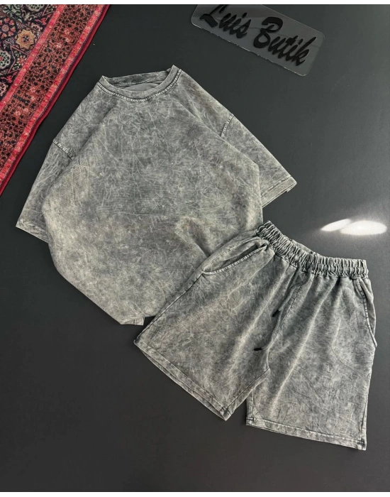Yıkamalı Unisex Şortlu Takım - Gri