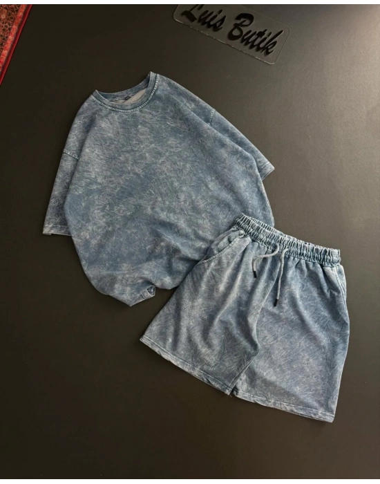 Yıkamalı Unisex Şortlu Takım - Bebe Mavisi