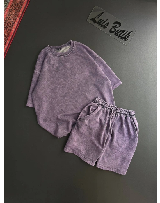 Yıkamalı Unisex Şortlu Takım - Mor