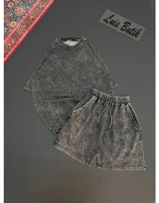 Yıkamalı Unisex Şortlu Takım - Siyah