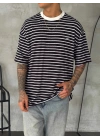 SW Çizgili Oversize Unisex Tshirt Siyah