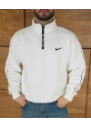 Dik Yaka Şardonlu Sweatshirt Beyaz