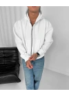 Yarasa Kalıp Kapüşonlu Şardonlu Unisex Hırka Beyaz